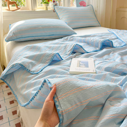 Mint Striped Trim Crinkled Knitted Cotton Quilt - Blue - Queen - image 6