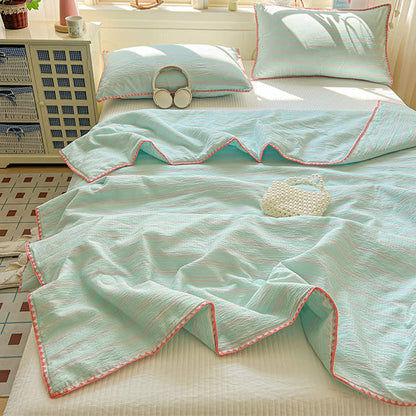 Mint Striped Trim Crinkled Knitted Cotton Quilt - image 1