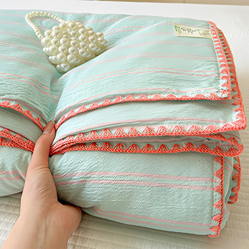 Mint Striped Trim Crinkled Knitted Cotton Quilt - image 3