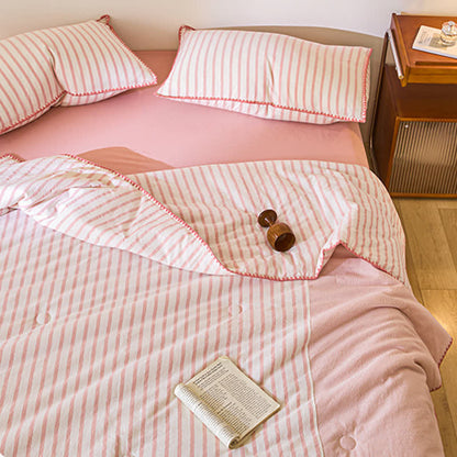 Shell Trim Two-Tone Stripe Cotton Bedding Set - Pink - Queen - Bedding Set (4PCS) - image 4