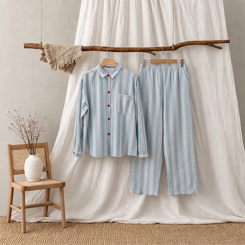 Red Accent Blue Stripe Double Gauze Pajamas - Red & Blue - L - image 2