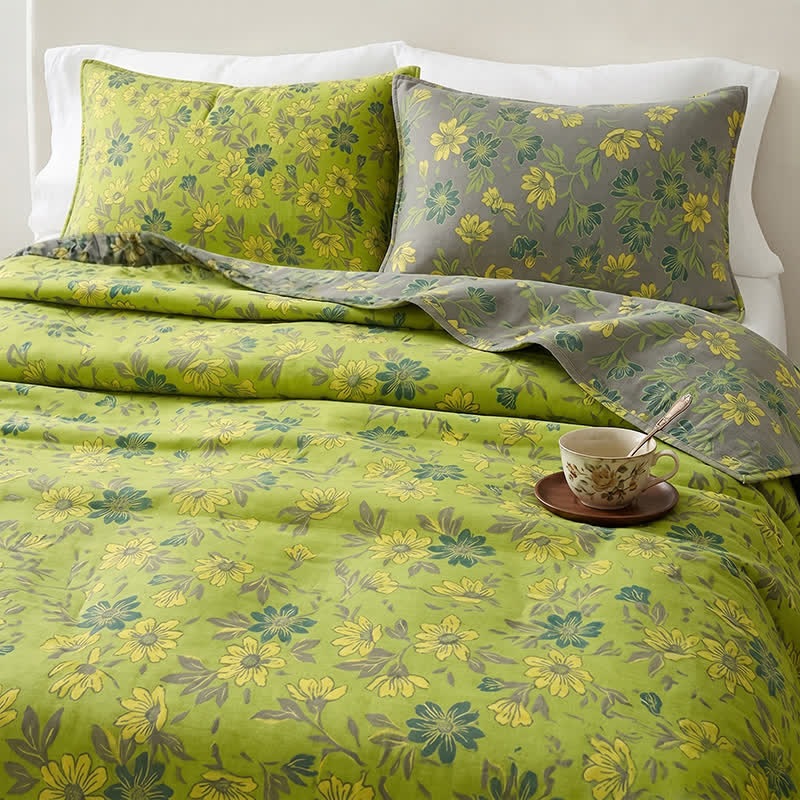 Vintage Green Floral Cotton Bedspread - image 2