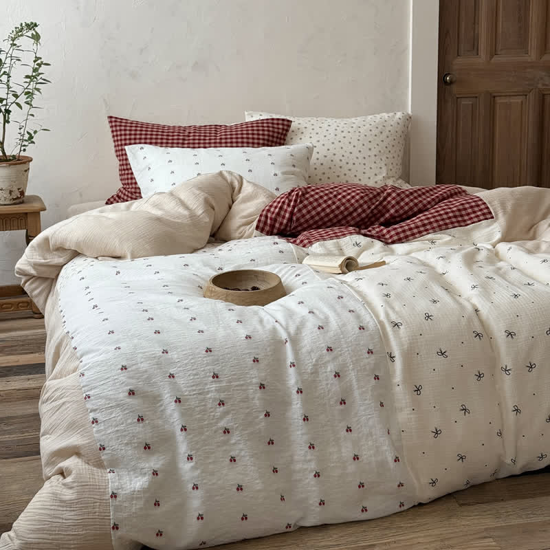 Cherry Gingham Washed Cotton Soft Cozy Bedding Set - image 2