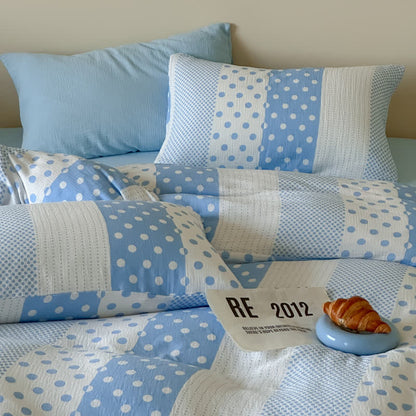 Patchwork Polka Dot Double Gauze Bedding Set - Blue - King - Fitted Sheet - image 0
