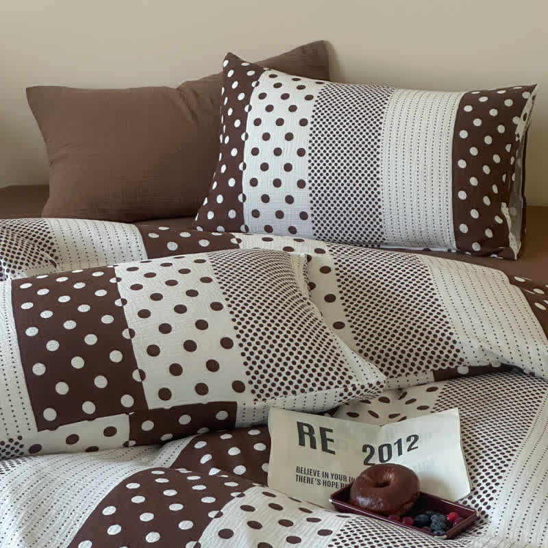 Patchwork Polka Dot Double Gauze Bedding Set - Coffee - King - Fitted Sheet - image 5