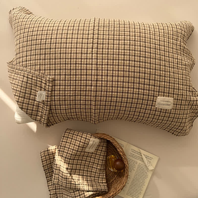 Vintage Grid Double Gauze Cotton Pillow Cover - 20'' × 30'' - Cream - 2PCS - image 4