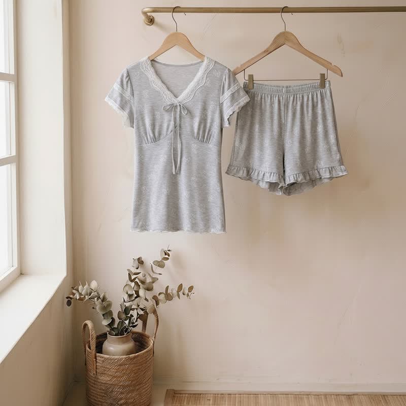 Mist Gray Lace Bow Loungewear Set - Gray - XL - image 0