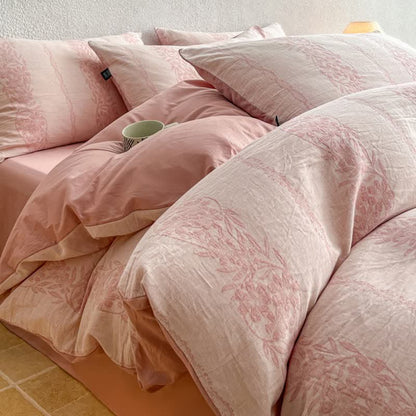 Washed Cotton Jacquard Botanical Bedding Set - Pink - King - Flat Sheet - image 0