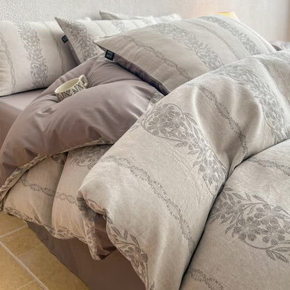 Washed Cotton Jacquard Botanical Bedding Set - Grey - King - Flat Sheet - image 2