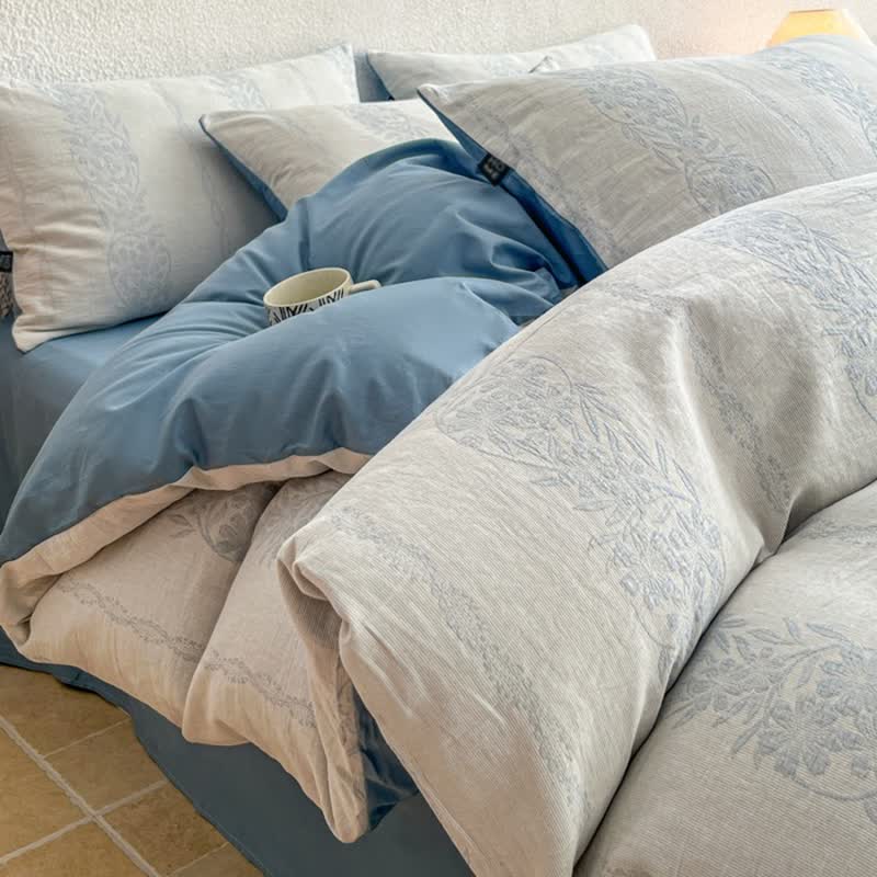 Washed Cotton Jacquard Botanical Bedding Set - Blue - King - Flat Sheet - image 4