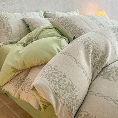 Washed Cotton Jacquard Botanical Bedding Set - Green - King - Flat Sheet - image 16