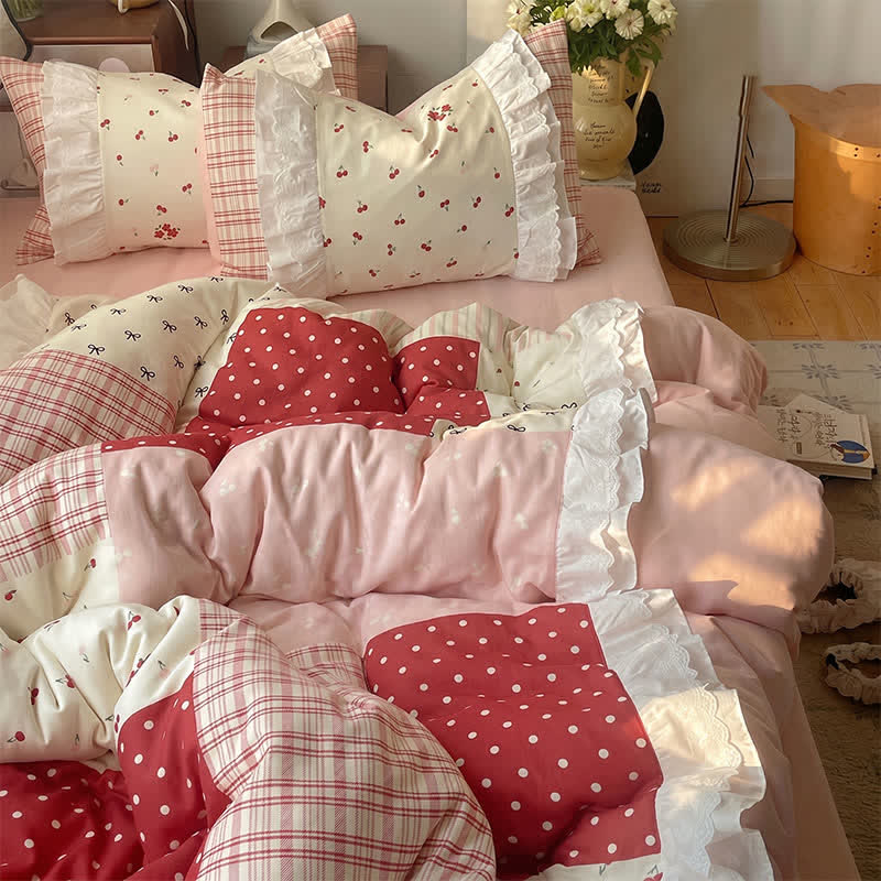 Sweet Cherry Ruffle Cotton Gauze Bedding Set - Red - King - Flat Sheet - image 0