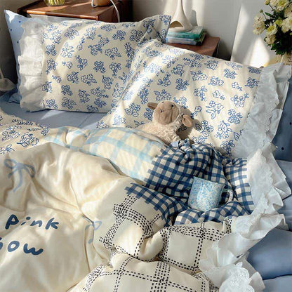 Mist Blue Floral Patchwork Cotton Gauze Ruffle Bedding Set - image 3