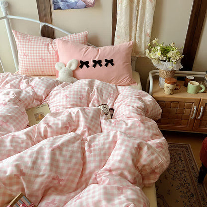 Soft Washed Cotton Bow Plaid Bedding Set - Pink - King - Flat Sheet - image 4