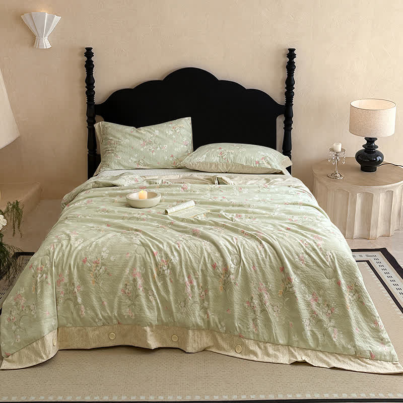 Floral Cotton Linen Quilt with Button Trim - image 1