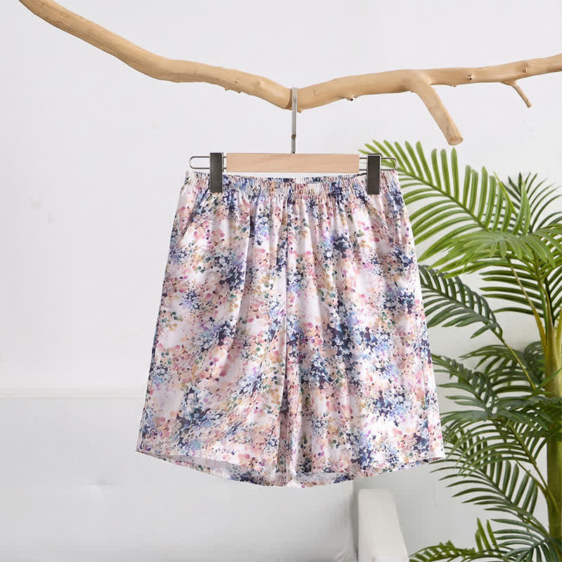 Summer Floral Cotton Smocked Waist Lounge Shorts - Purple - 6XL - image 0