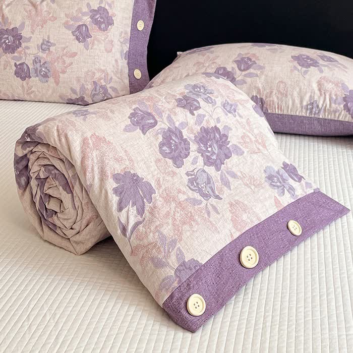 Romantic Purple Floral Cotton Linen Blanket Quilt - image 5