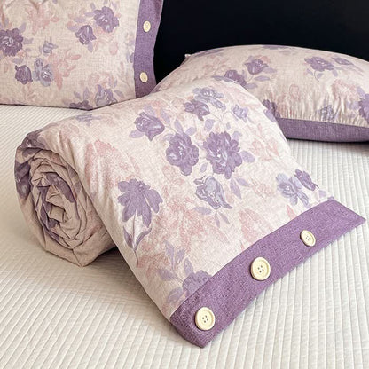 Romantic Purple Floral Cotton Linen Blanket Quilt - image 5
