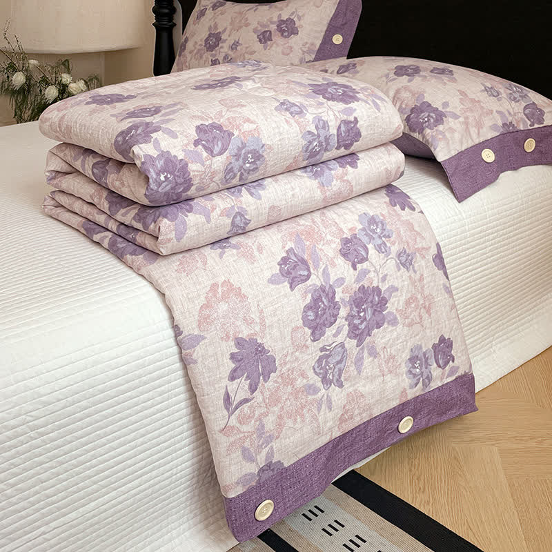 Romantic Purple Floral Cotton Linen Blanket Quilt - image 6