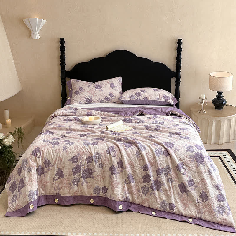 Romantic Purple Floral Cotton Linen Blanket Quilt - image 2