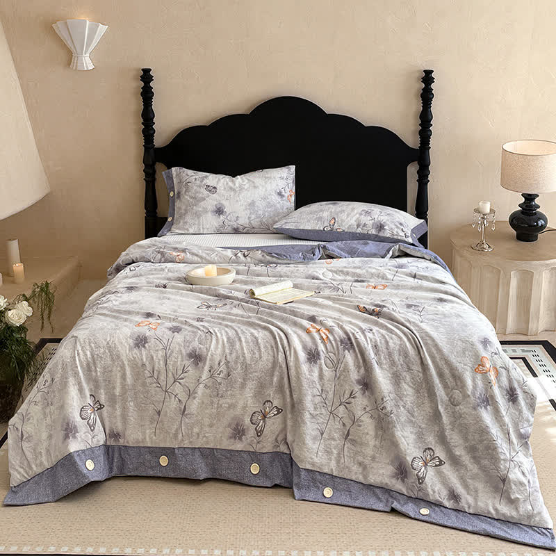 Vintage Butterfly Floral Cotton Linen Blanket Quilt - image 1