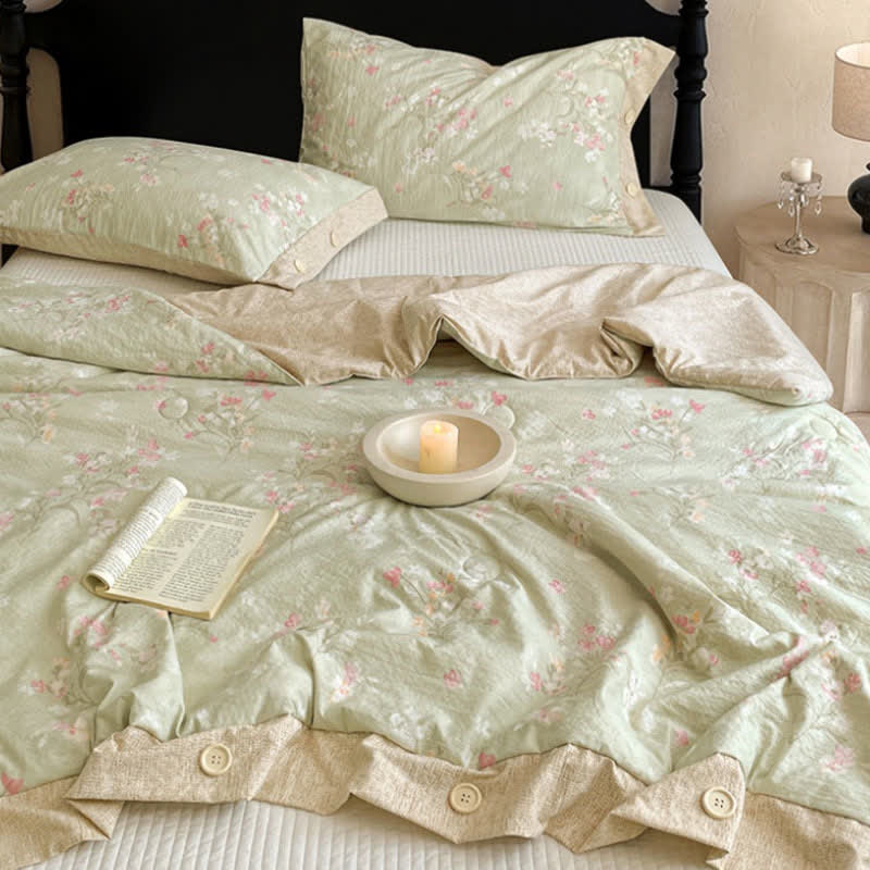Floral Cotton Linen Quilt with Button Trim - image 4