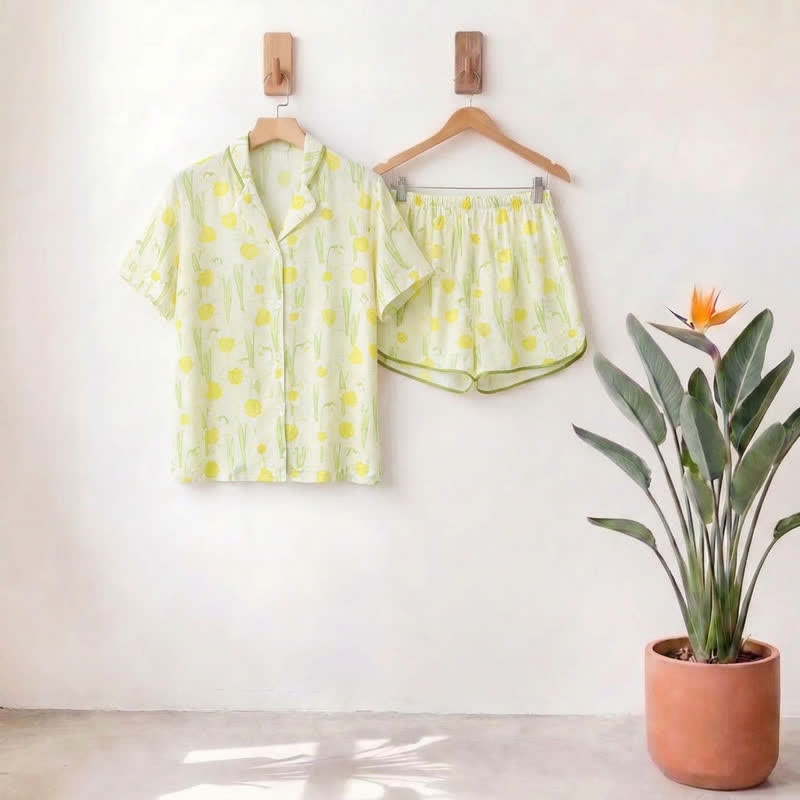 Satin Daffodil Print Short Sleeve Pajama Set - Honeydew - XL - image 0