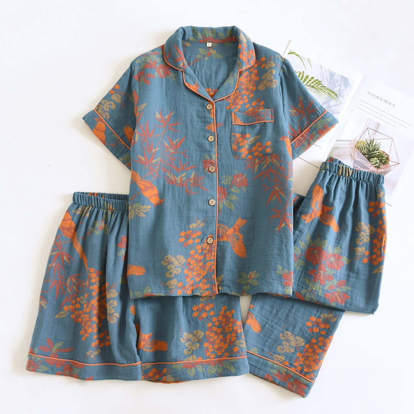 Vintage Bird Floral Cotton Loungewear Set - Blue - XL - image 0