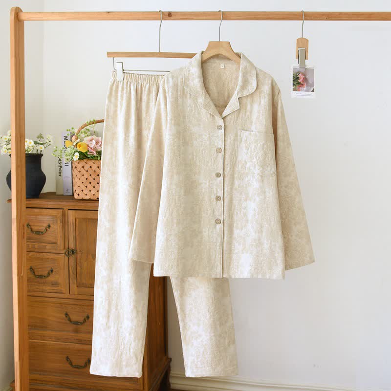 Minimalist-style Couple Button Front Loungewear Set - Beige - Women XXL - image 1