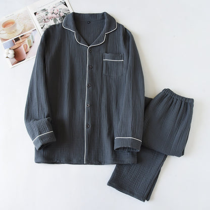 Cotton Gauze Contrast Trim Loungewear Set - Dark Gray - XL - image 2