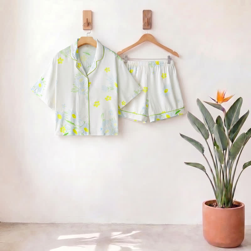 Sunflower Mint Contrast Trim Pajama Short Set - MintCream - XXXL - image 0