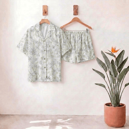 Mint Floral Satin Button Up Shorts Loungewear Set - Honeydew - L - image 0