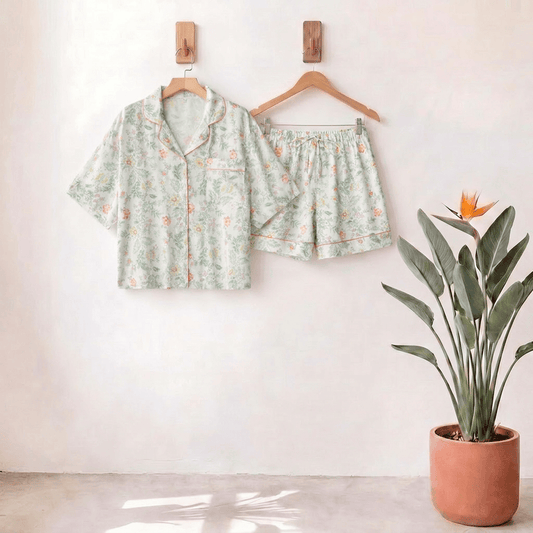 French Floral Satin Short Pajama Set for Summer Nights - LightCyan - 4XL - image 0