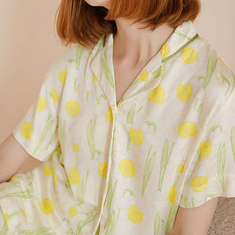 Satin Daffodil Print Short Sleeve Pajama Set - image 1