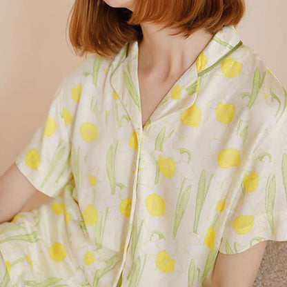 Satin Daffodil Print Short Sleeve Pajama Set - image 1