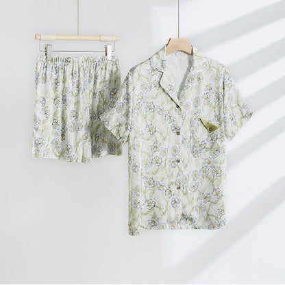 Mint Floral Satin Button Up Shorts Loungewear Set - image 1
