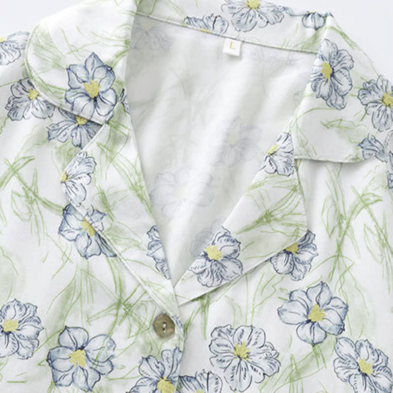Mint Floral Satin Button Up Shorts Loungewear Set - image 2