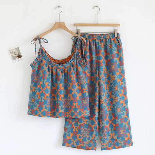 Boho Floral Tie Strap Pajama Set - Blue & Orange - XL - image 0