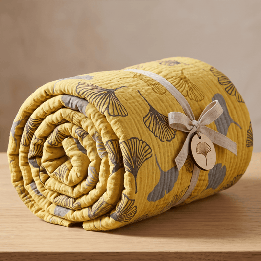 Mustard Ginkgo Quilted Cotton Throw Blanket - Yellow - 91"W x 91"L - image 0