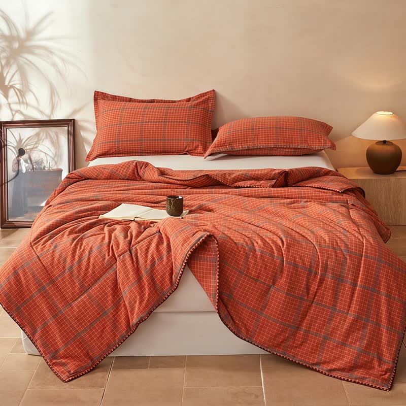 Yarn Dyed Orange Plaid Cotton Summer Quilt - image 1