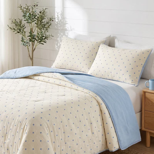 Blue Dot Seersucker Lightweight Summer Quilt - Blue - Quilts - Queen - image 0