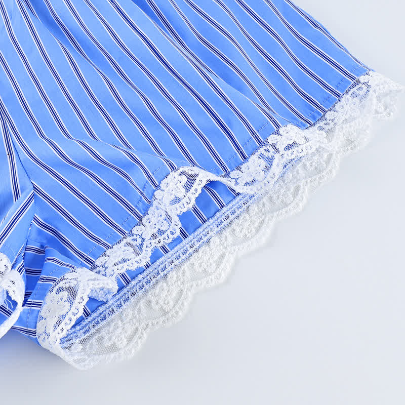 Blue Stripe Lace Cotton Cami Shorts Loungewear Set - image 5