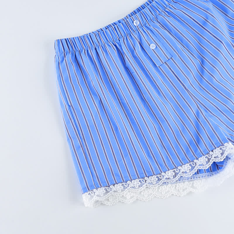 Blue Stripe Lace Cotton Cami Shorts Loungewear Set - image 4