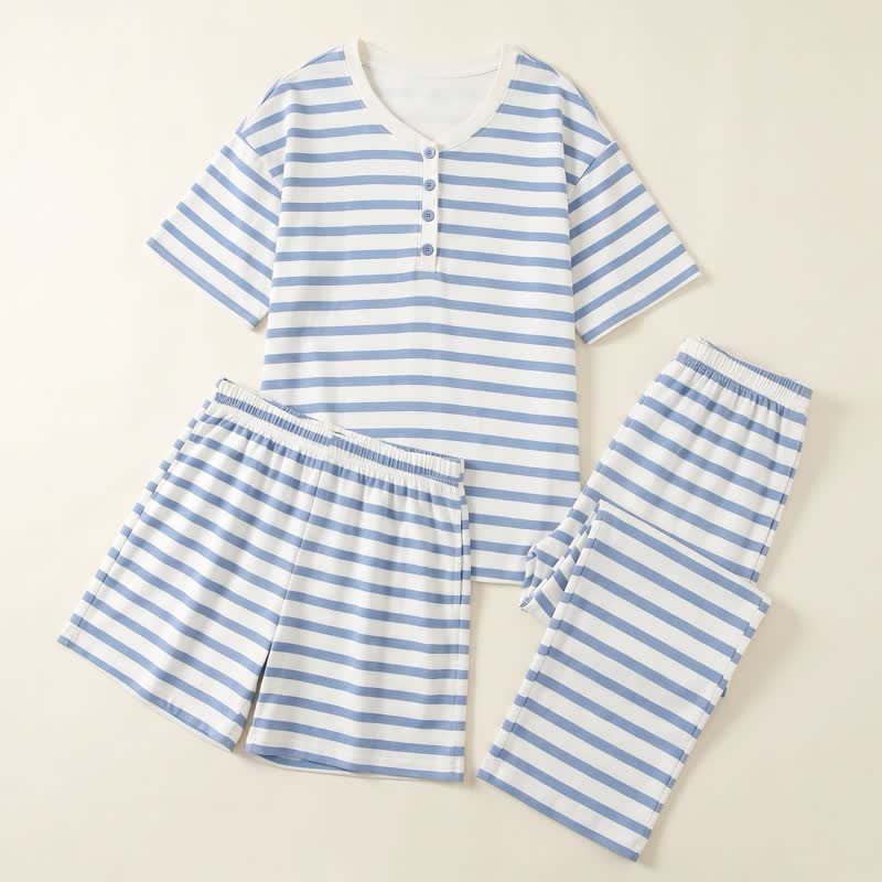 Blue Stripe Cotton 3-Piece Loungewear Set - image 0
