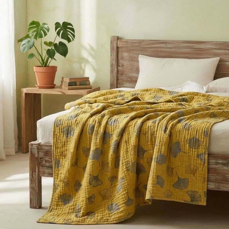 Mustard Ginkgo Quilted Cotton Throw Blanket - image 1