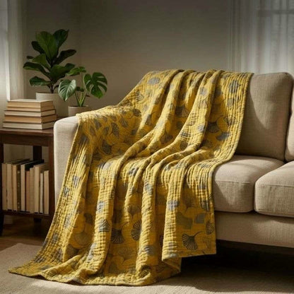 Mustard Ginkgo Quilted Cotton Throw Blanket - image 3