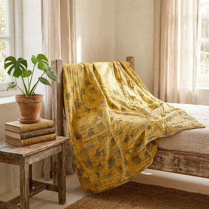 Mustard Ginkgo Quilted Cotton Throw Blanket - image 2