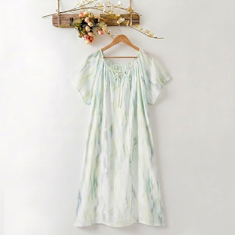 Ownkoti Watercolor Floral Lyocell Tie Neck Sleep Dress - Green - XXXL - image 4