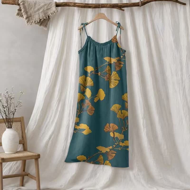 Ginkgo Leaf Tie Strap Maxi Lounge Dress - Green & Orange - XL - image 40