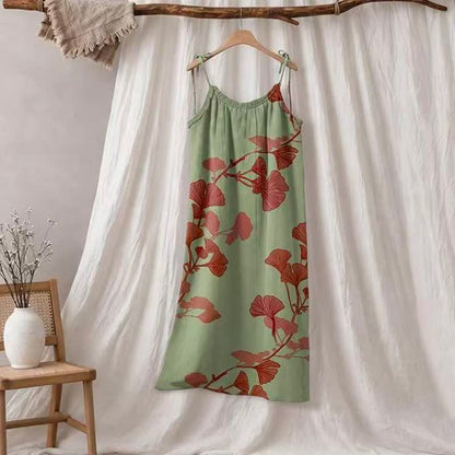 Ginkgo Leaf Tie Strap Maxi Lounge Dress - Green & Red - XL - image 5